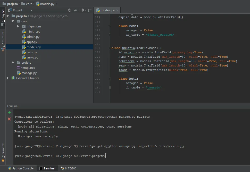 Conectando DJANGO com SQLServer 2017 e Mapeando dados já existentes no banco. 4 1